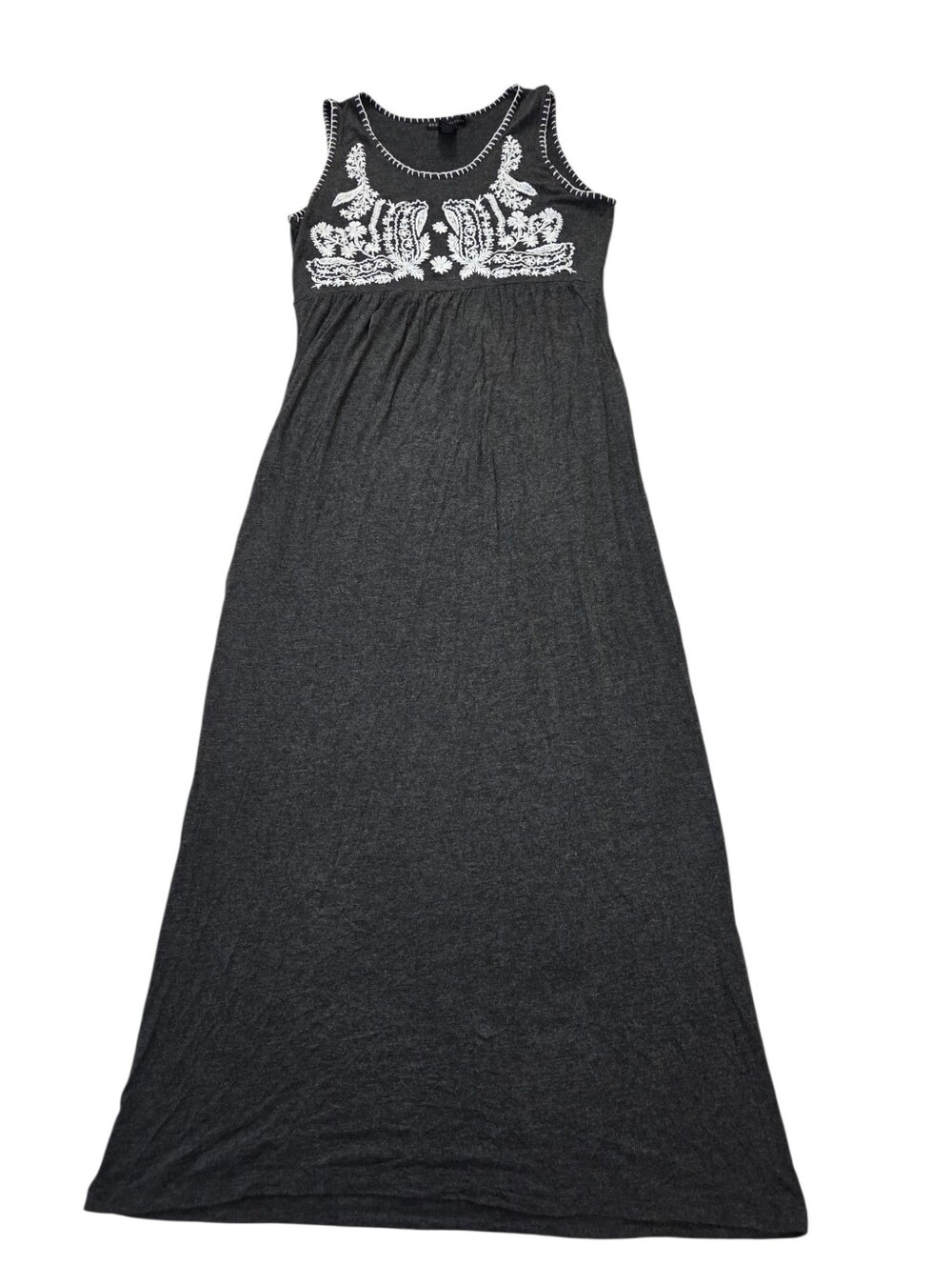 Design History dark gray maxi dress with white embroidery and stitching, M. EUC.